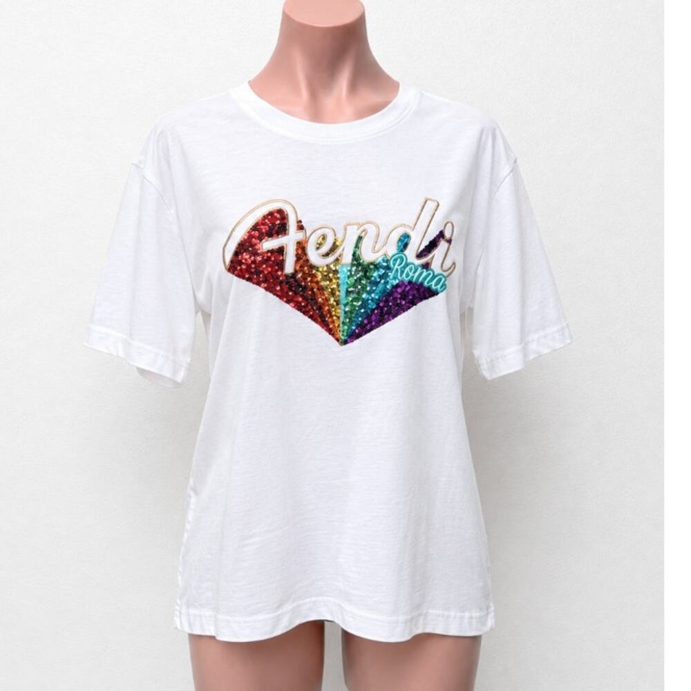Fendi White Short Sleeve Round Neck Rainbow Sequined Fendi Roma Graphic Tee L